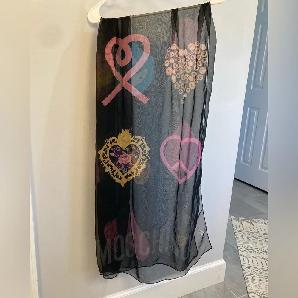 Moschino Heart Collage Large Black silk scarf
